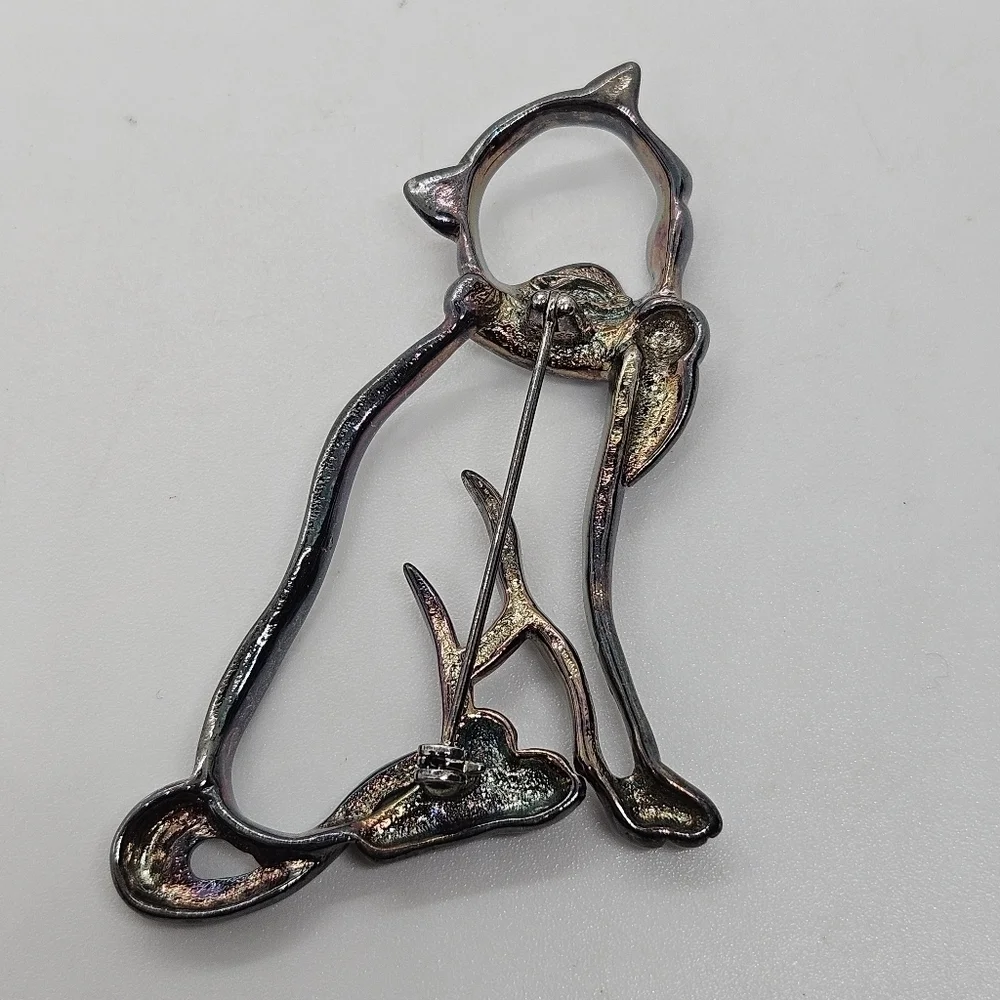 vintage Tara 5th Ave gunmetal cat outline brooch with rhinestone collar signed